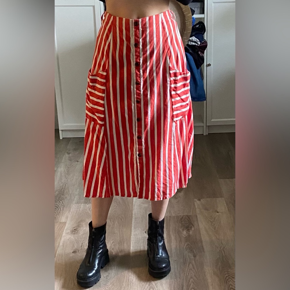 Faithfull the Brand Red and White Striped A-Line Skirt